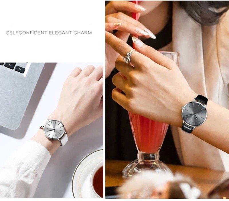 Simple Stylish Lady Steel Watch With Leather Strap OEM