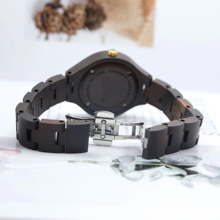 Ladies Wooden Watches * Slim wood watch with 36mm case * Miyota Quartz movement * Steel sunray dial with diamond * Bracelet with adjustable length
