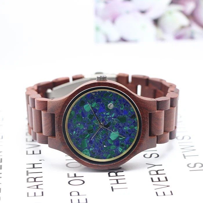 Blue And Wood Watch * Strap made of red sandal wood * Quartz movement, date function * Real marble dial * Personalized gifts box