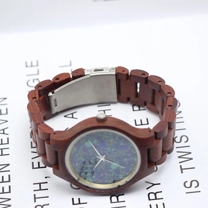 Blue And Wood Watch * Strap made of red sandal wood * Quartz movement, date function * Real marble dial * Personalized gifts box
