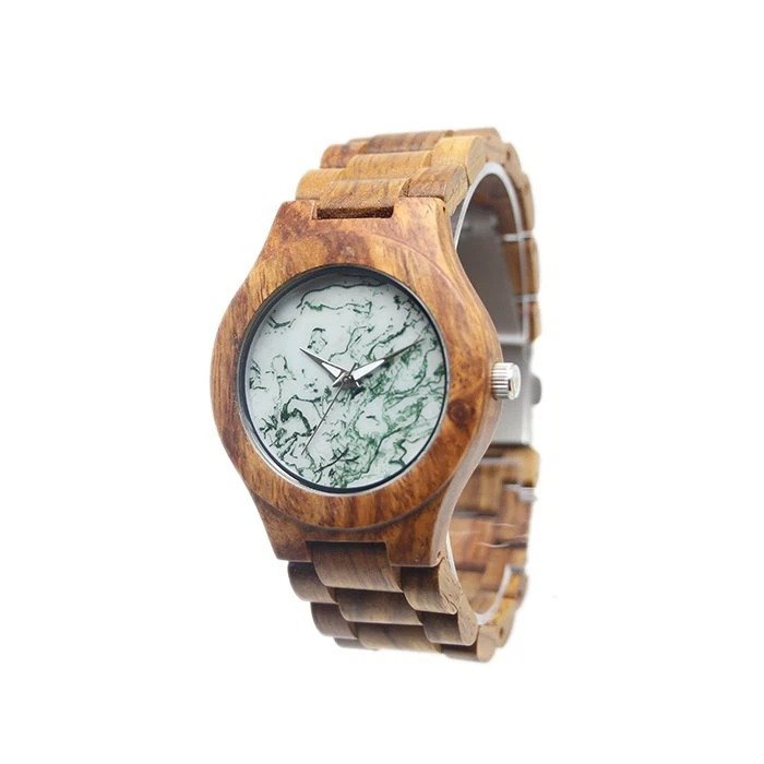 Wood And Marble Watches * Natural handmade wristwatch * Dial with marble texture * Case: made of kosso * Metal folding clasp