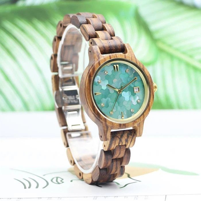 Wooden Watch For Wife * Fashionable/ luxurious * Splicing MOP dial with diamond index * Citizen movement auto date * High-class gift package