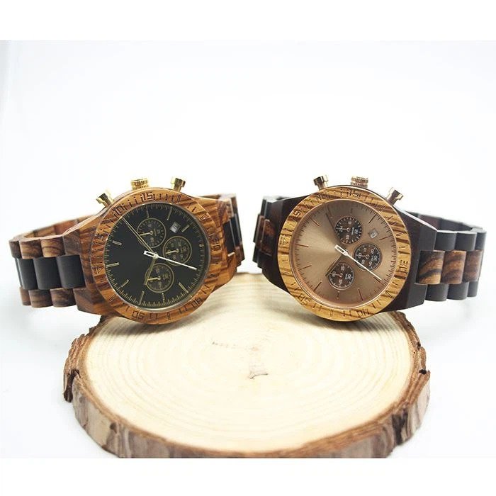 Wooden Chronograph Watches * Multiple time zones * Shiny engraving case back * VD54 movement by Seiko * Classical men's customized watch