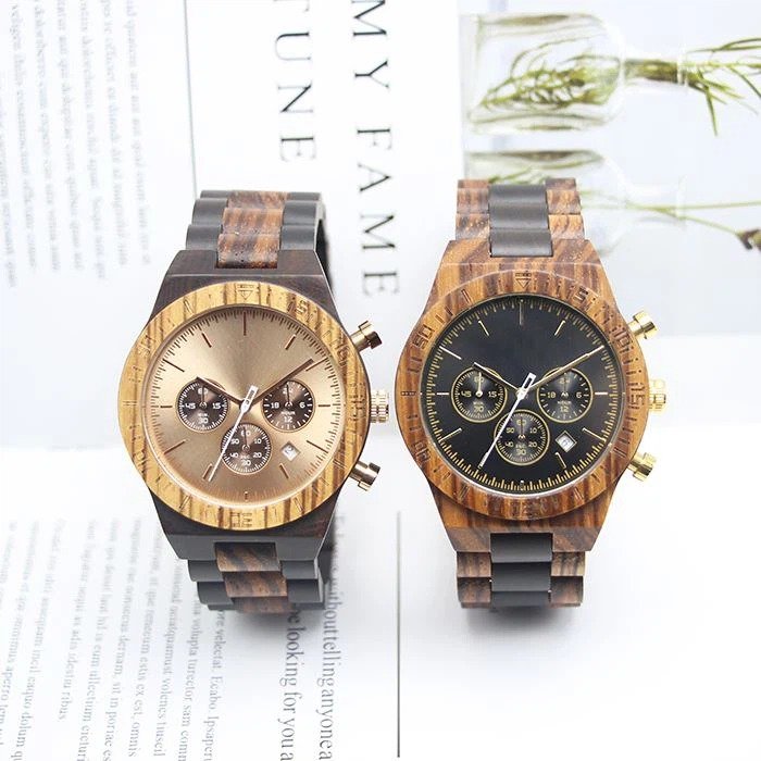 Wooden Chronograph Watches * Multiple time zones * Shiny engraving case back * VD54 movement by Seiko * Classical men's customized watch